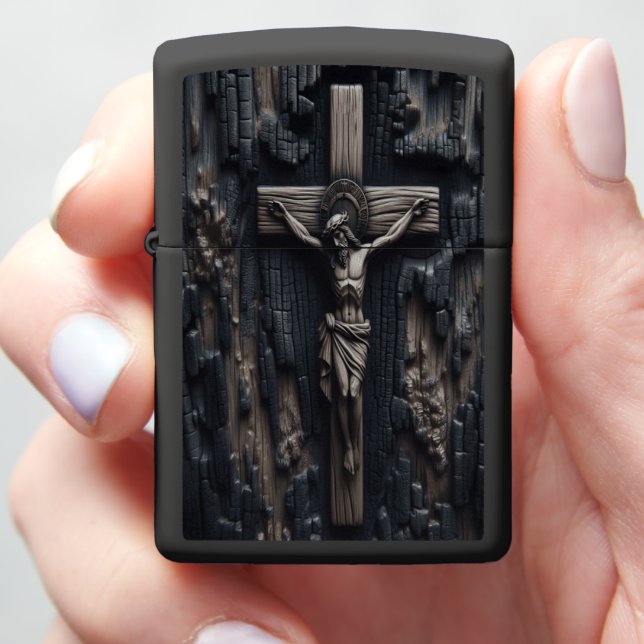Burnt Jesus Wood Art Zippo Lighter (In Hand)