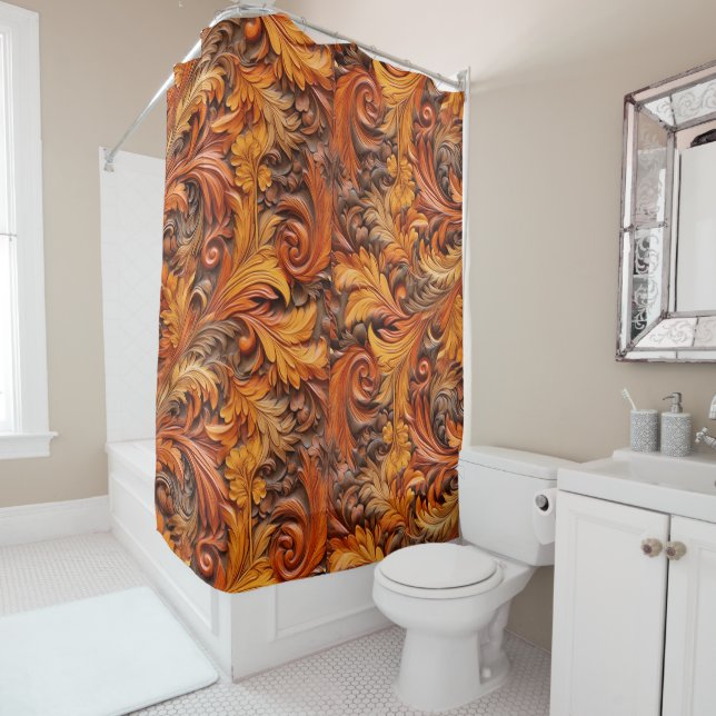Burnt orange 3d Floral Shower Curtain (In Situ)