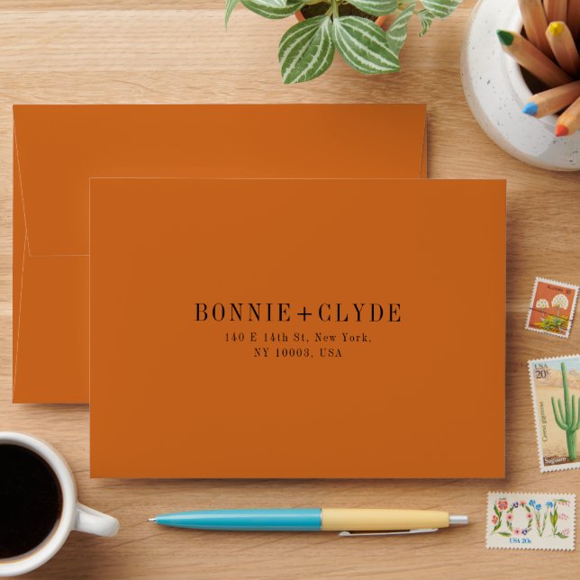 Burnt Orange A7 Wedding RSVP Envelope with Address (Desk)