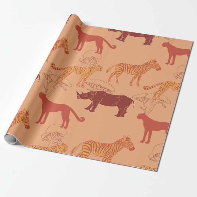Burnt Orange African Animals Wrapping Paper (Unrolled)