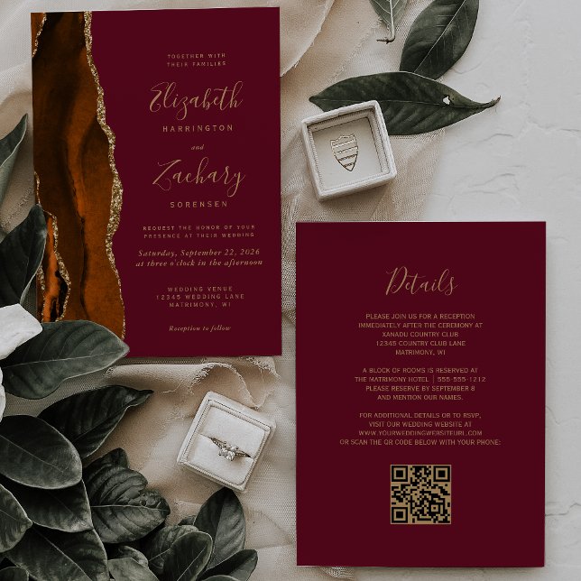 Burnt Orange Agate Burgundy Gold QR Code Wedding Invitation (Creator Uploaded)
