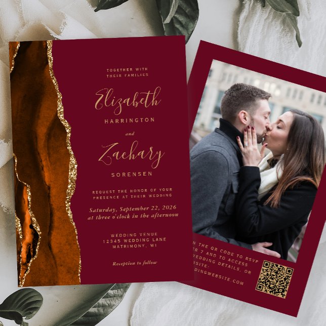 Burnt Orange Agate Burgundy Photo QR Code Wedding Invitation (Creator Uploaded)