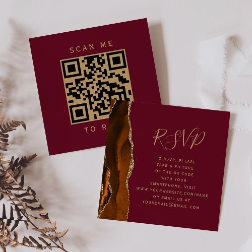 Burnt Orange Agate Burgundy Wedding QR Code RSVP Enclosure Card