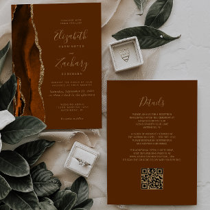 Burnt Orange Agate Gold Brown QR Code Wedding Invitation