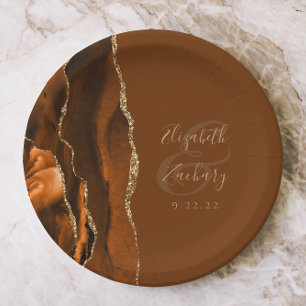 Burnt Orange Agate Gold Brown Wedding Paper Plates
