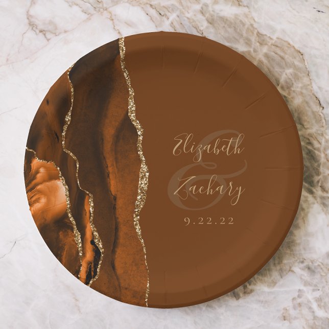 Burnt Orange Agate Gold Brown Wedding Paper Plates (Creator Uploaded)