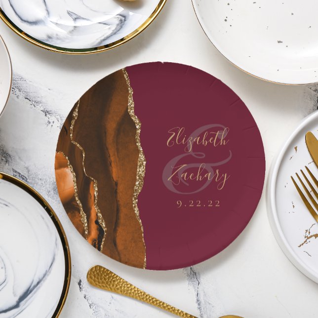 Burnt Orange Agate Gold Burgundy Wedding Paper Plates (Creator Uploaded)