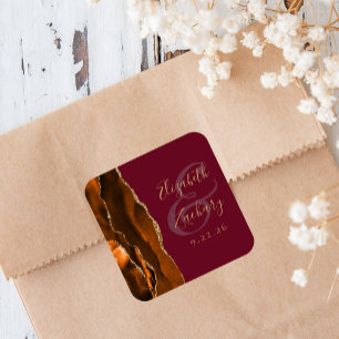 Burnt Orange Agate Gold Burgundy Wedding Square Sticker