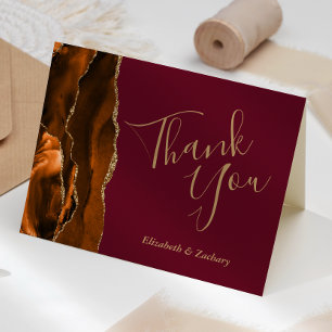 Burnt Orange Agate Gold Burgundy Wedding Thank You Card
