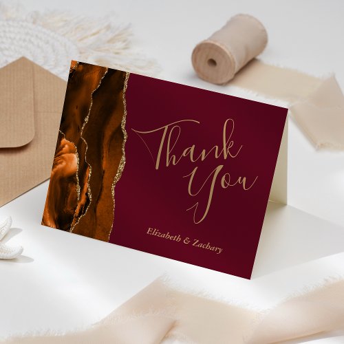 Burnt Orange Agate Gold Burgundy Wedding Thank You Card