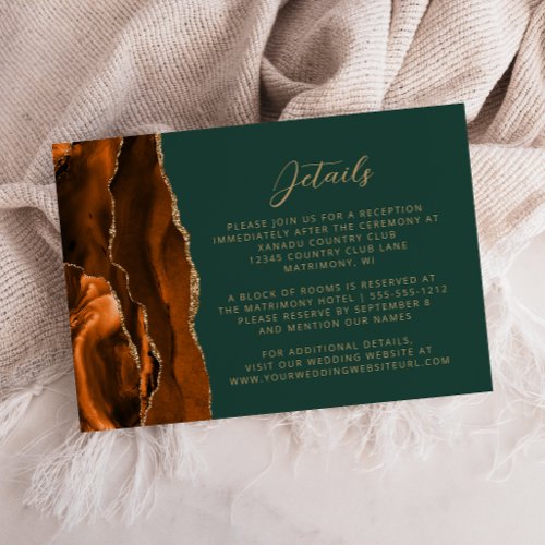 Burnt Orange Agate Gold Dark Green Wedding Details Enclosure Card