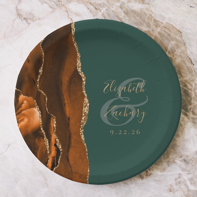 Burnt Orange Agate Gold Dark Green Wedding Paper Plates (Creator Uploaded)
