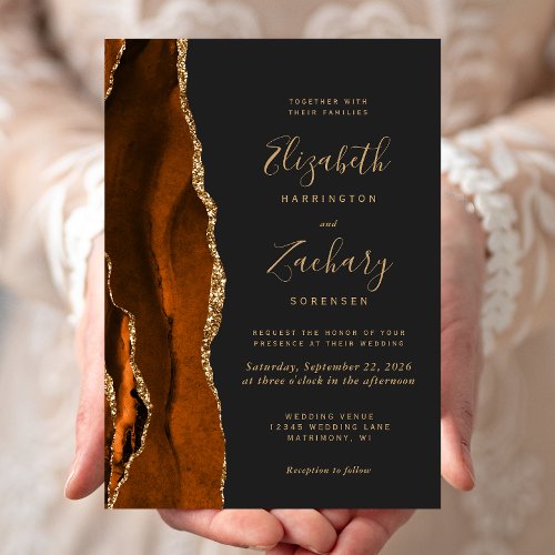 Burnt Orange Agate Gold Dark Wedding Invitation