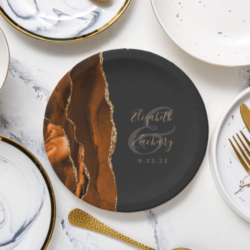 Burnt Orange Agate Gold Dark Wedding Paper Plates