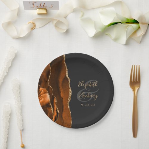 Burnt Orange Agate Gold Dark Wedding Paper Plates