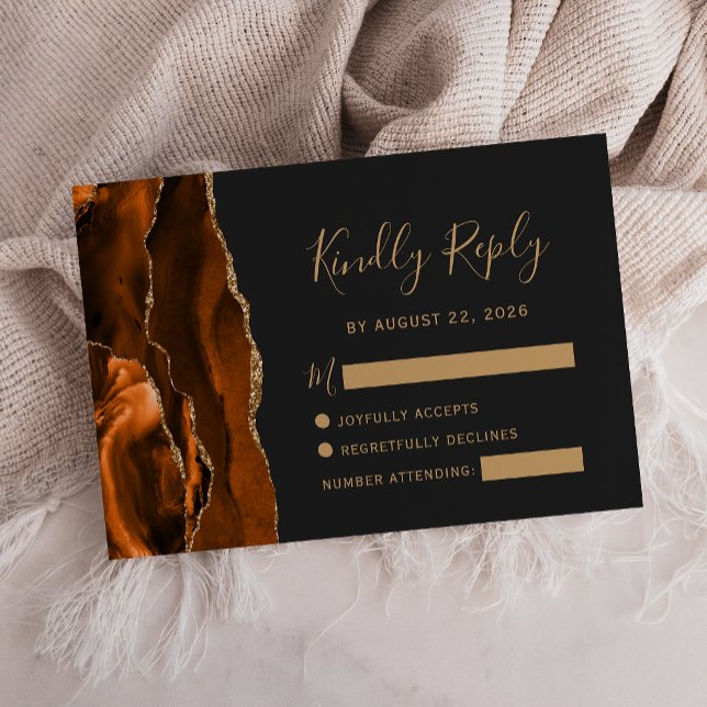 Burnt Orange Agate Gold Dark Wedding RSVP Card (Creator Uploaded)