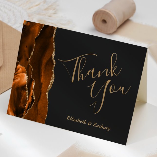 Burnt Orange Agate Gold Dark Wedding Thank You Card (Creator Uploaded)