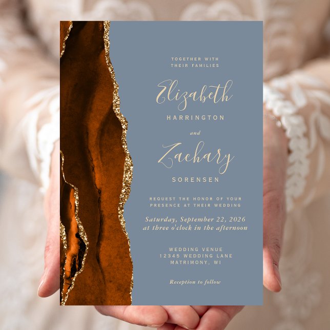 Burnt Orange Agate Gold Dusty Blue Wedding Invitation (Creator Uploaded)