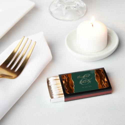Burnt Orange Agate Gold Glitter Green Wedding Matchboxes