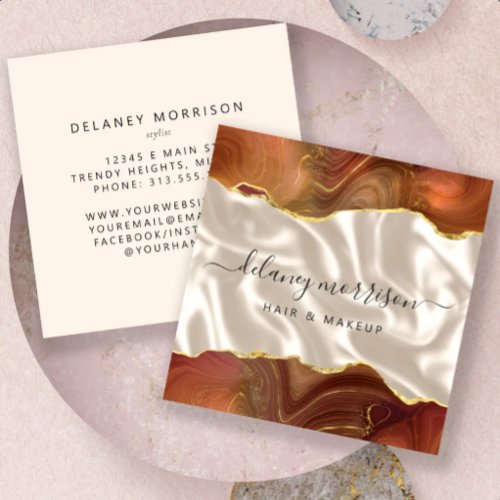 Burnt Orange Agate Gold Ivory Luxury Square Business Card