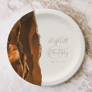 Burnt Orange Agate Gold Ivory Wedding Paper Plates