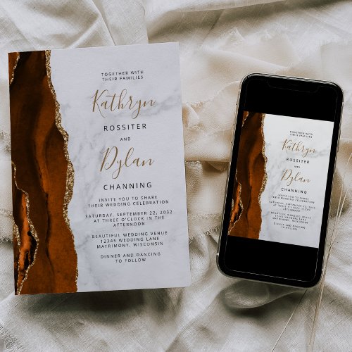 Burnt Orange Agate Gold Marble Wedding Invitation