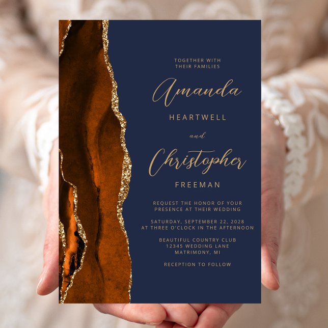 Burnt Orange Agate Gold Navy Blue Script Wedding Invitation (Creator Uploaded)