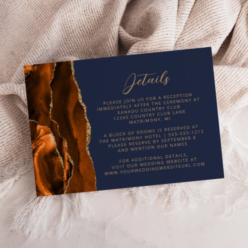 Burnt Orange Agate Gold Navy Blue Wedding Details Enclosure Card