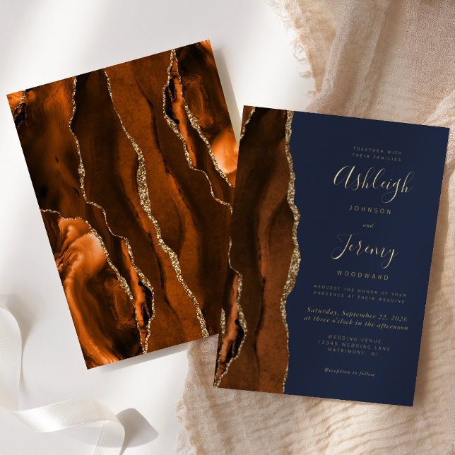 Burnt Orange Agate Gold Navy Blue Wedding Foil Invitation (Creator Uploaded)