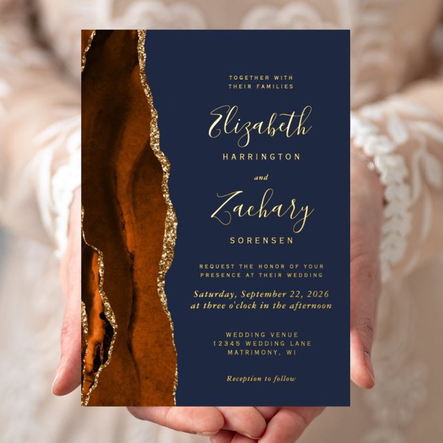 Burnt Orange Agate Gold Navy Blue Wedding Foil Invitation (Creator Uploaded)