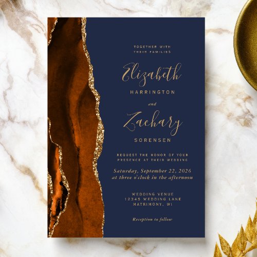 Burnt Orange Agate Gold Navy Blue Wedding Invitation