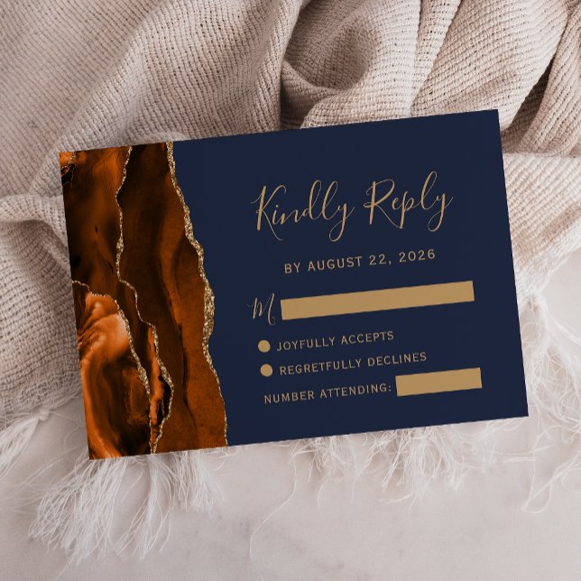 Burnt Orange Agate Gold Navy Blue Wedding RSVP Card (Creator Uploaded)