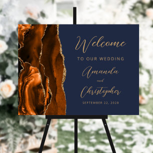 Burnt Orange Agate Gold Navy Blue Wedding Welcome Foam Board