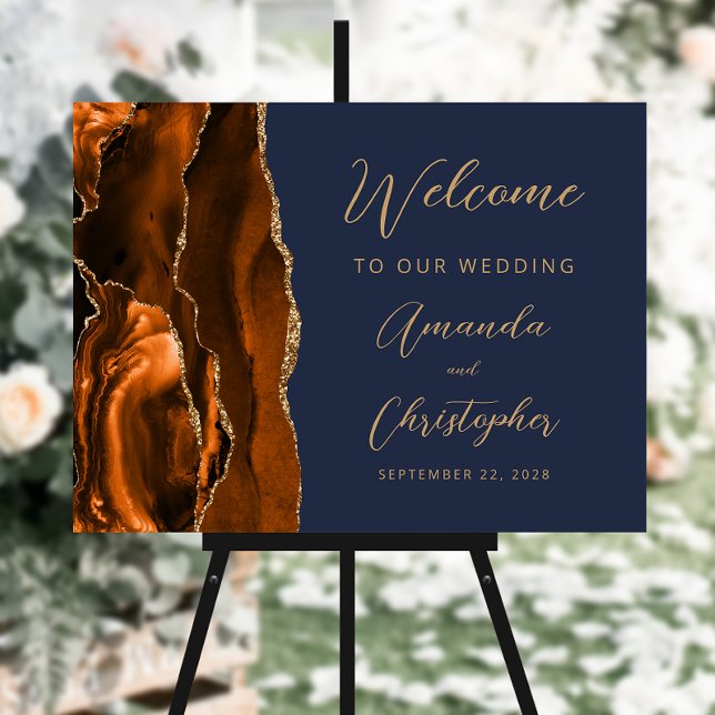 Burnt Orange Agate Gold Navy Blue Wedding Welcome Foam Board (Creator Uploaded)