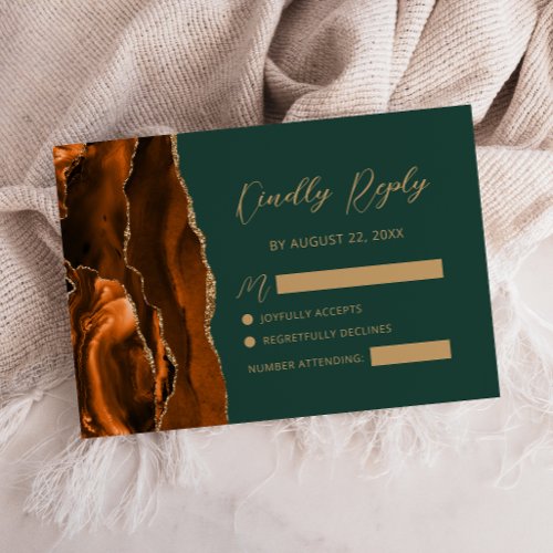 Burnt Orange Agate Gold Script Dark Green Wedding RSVP Card