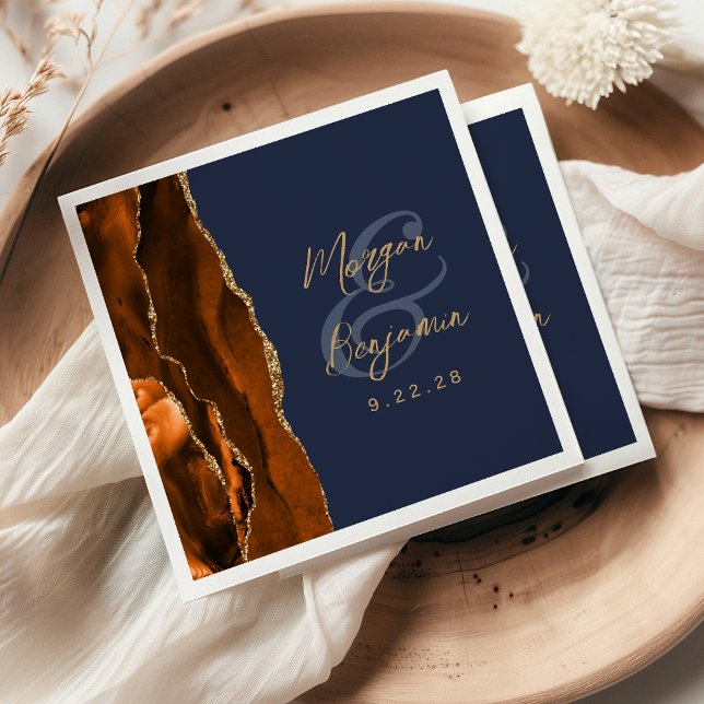 Burnt Orange Agate Gold Script Navy Blue Wedding Napkins (Creator Uploaded)