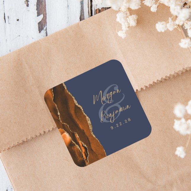 Burnt Orange Agate Gold Script Navy Blue Wedding Square Sticker (Creator Uploaded)