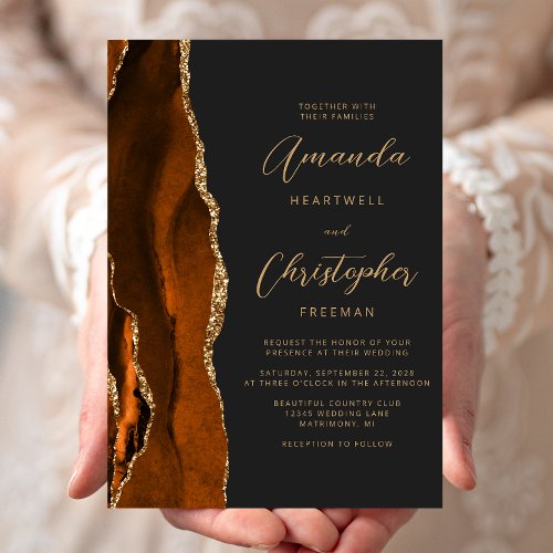Burnt Orange Agate Gold Script Slate Wedding Invitation