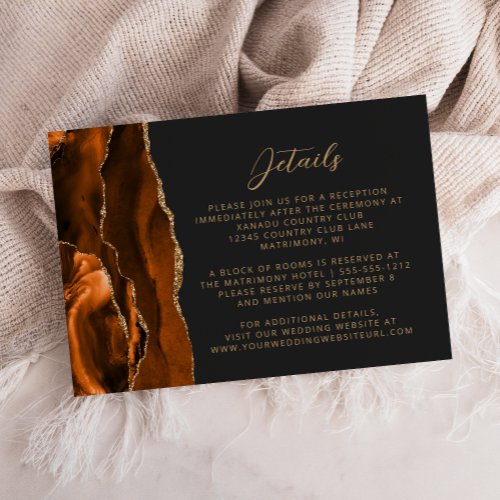 Burnt Orange Agate Gold Script Wedding Details Enclosure Card