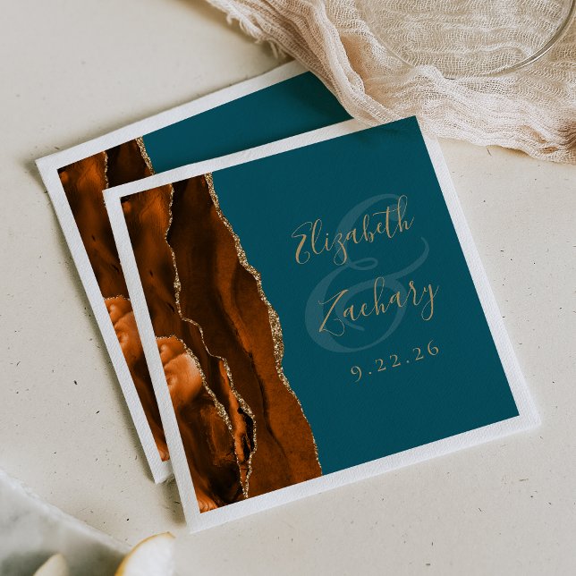Burnt Orange Agate Gold Teal Wedding Napkins (Creator Uploaded)