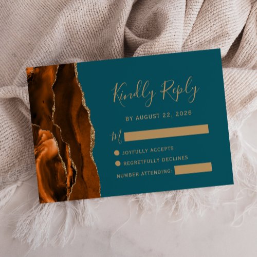 Burnt Orange Agate Gold Teal Wedding RSVP Card