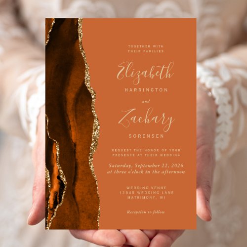 Burnt Orange Agate Gold Wedding Invitation