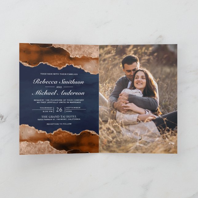 Burnt Orange Agate Marble Navy QR Code Wedding Invitation (Inside)