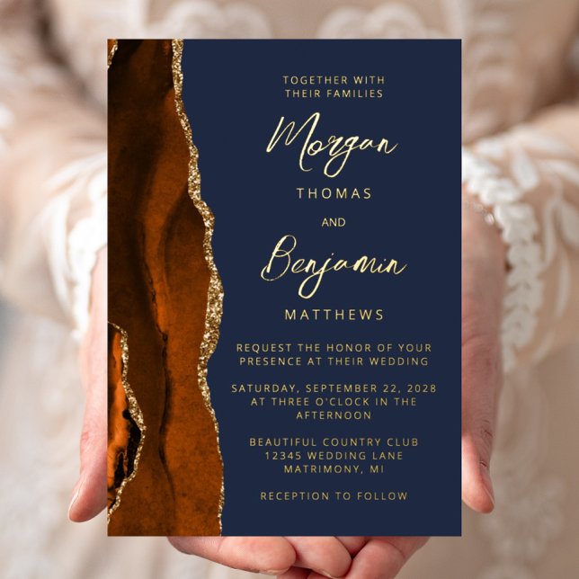 Burnt Orange Agate Navy Blue Modern Script Wedding Foil Invitation (Creator Uploaded)