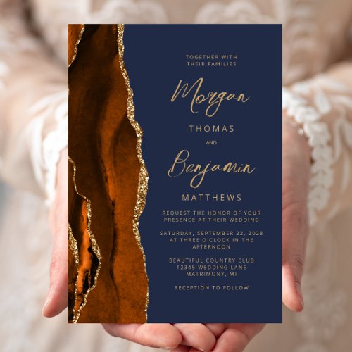 Burnt Orange Agate Navy Blue Modern Script Wedding Invitation