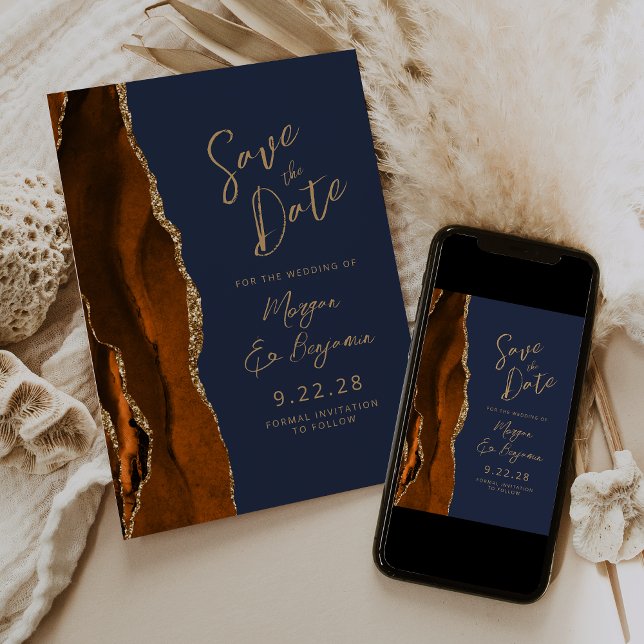 Burnt Orange Agate Navy Blue Script Save the Date Invitation (Creator Uploaded)
