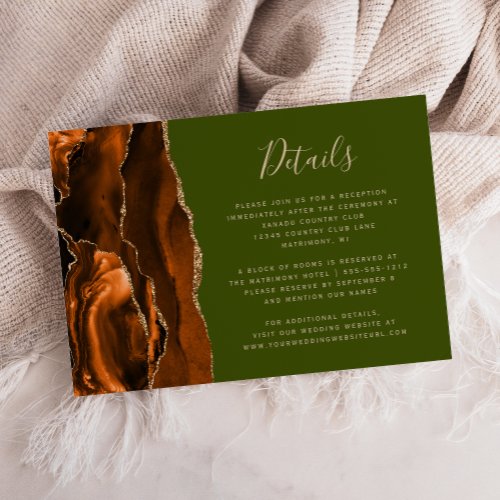 Burnt Orange Agate Olive Green Wedding Details Enclosure Card