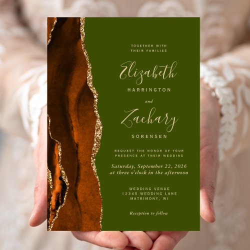 Burnt Orange Agate Olive Green Wedding Invitation