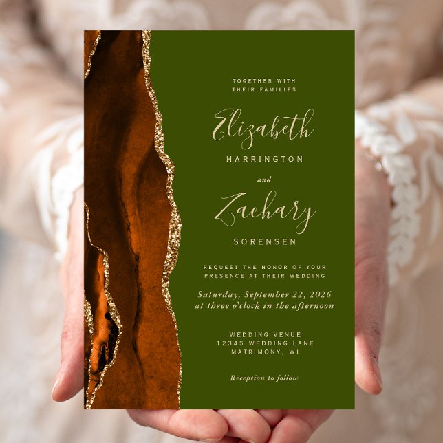 Burnt Orange Agate Olive Green Wedding Invitation (Creator Uploaded)