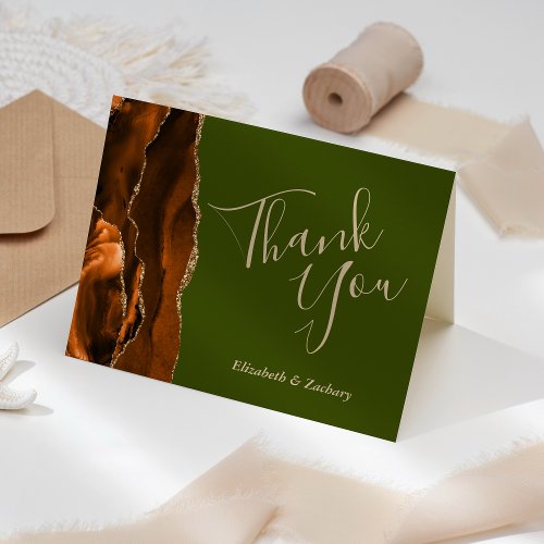 Burnt Orange Agate Olive Green Wedding Thank You Card